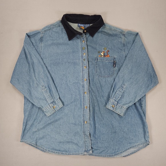 Disney Tops - Vintage 90s Disney Tigger Button Denim Shirt Womens W/26 Embroidered Corduroy 4X